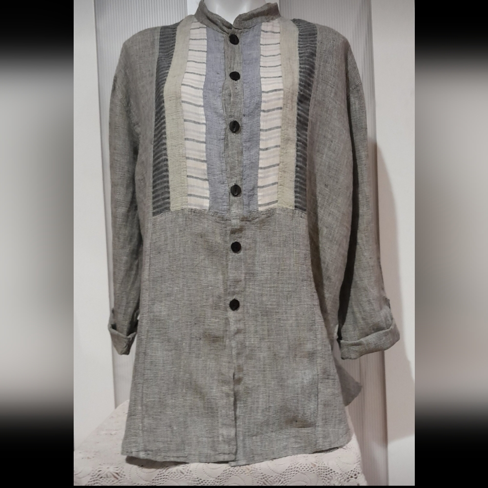 Vintage -Flax by Jeanne Engelhart- Linen Long Sleeved Button Up Tunic Blouse, Sm